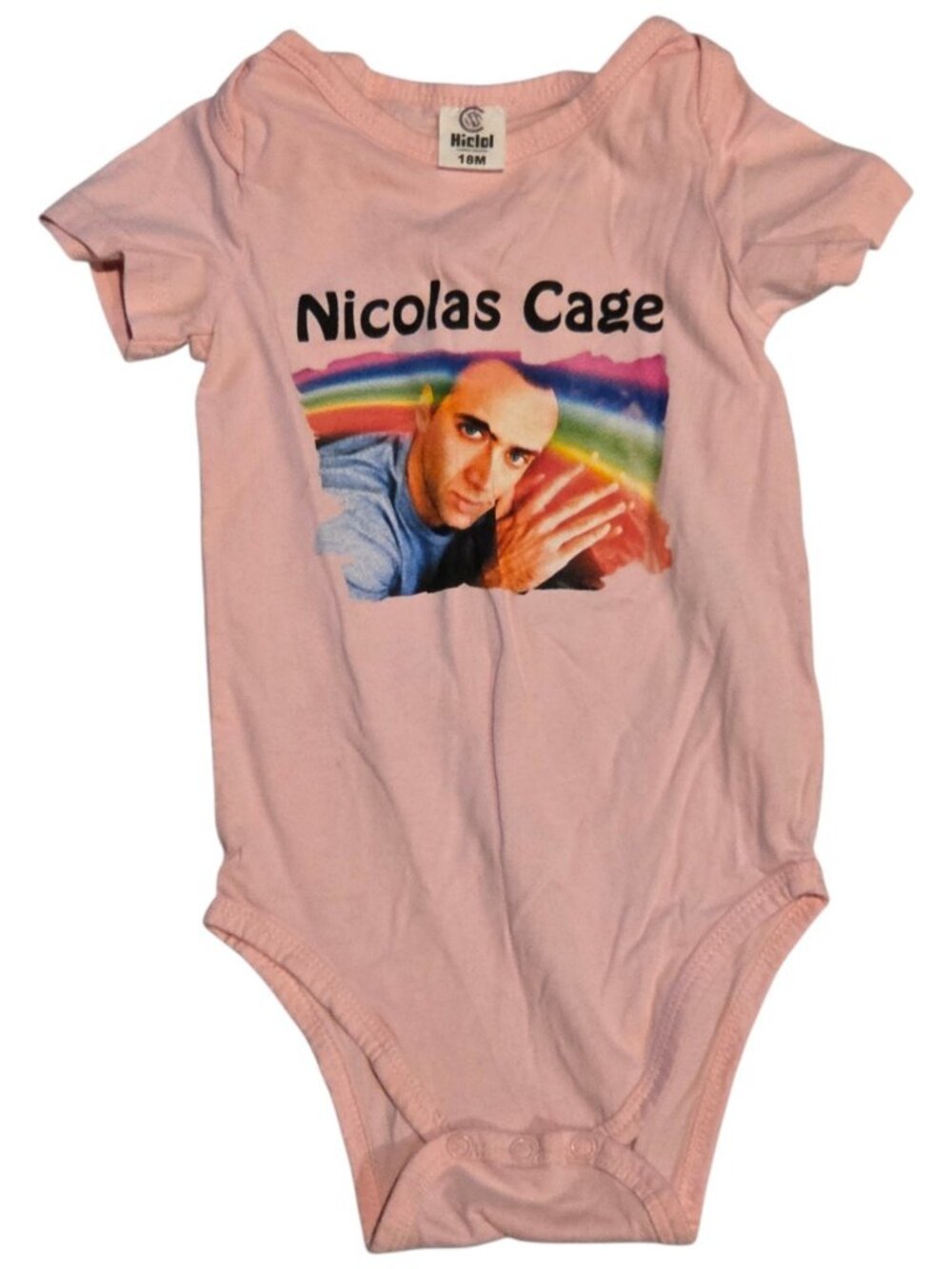 Nicolas Cage Pink Baby Bodysuit 18 Months Rainbow Stained Funny Graphic